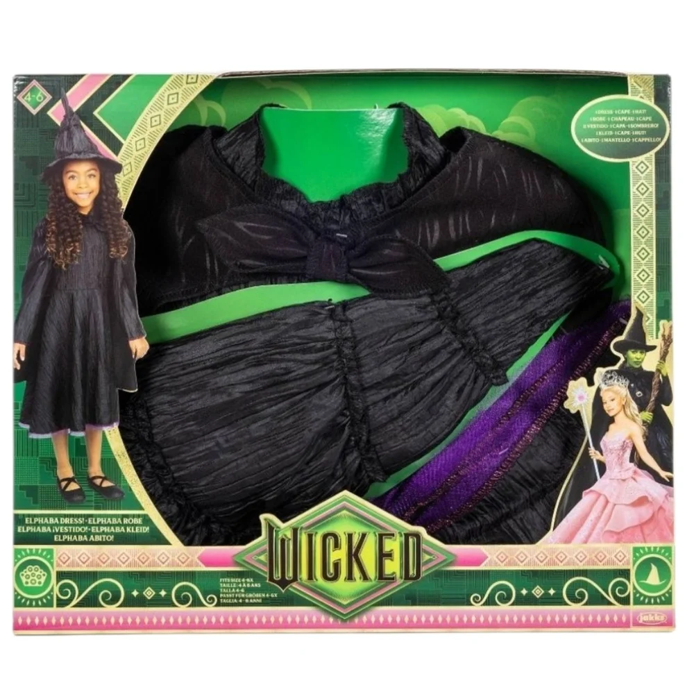 NEW Wicked Deluxe Elphaba Dress Up Set 4-6X Black Witch Costume Dress Cape Hat